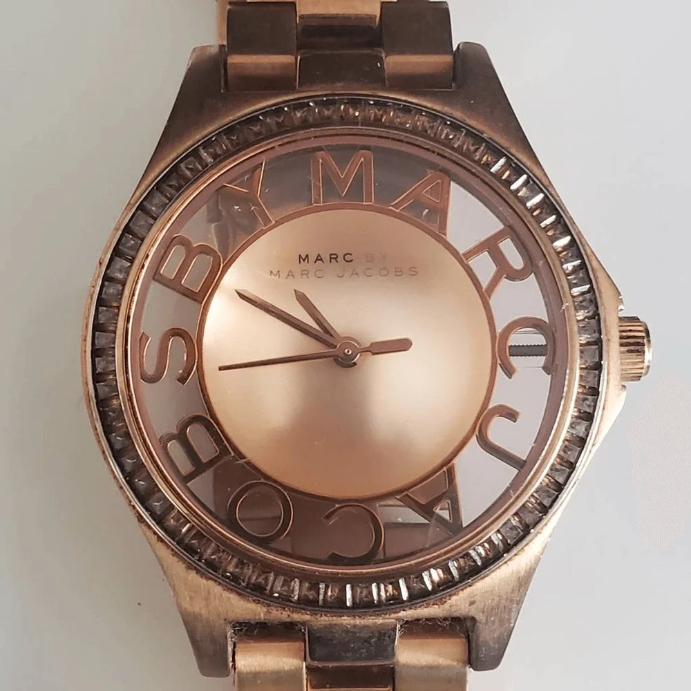 Marc by Marc Jacobs Rose Gold Tone Skeleton Logo Dial Bracelet Watch MBM3127